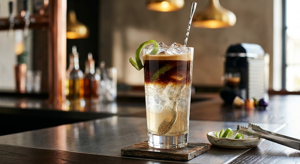Estetiškai sluoksniuotas Espresso Tonic gėrimas su ledu, kava, toniku ir citrina